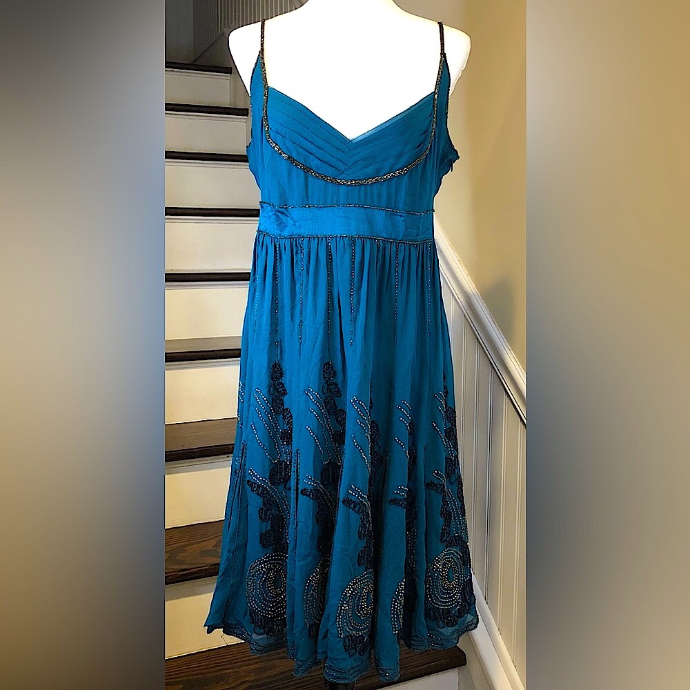 KAREN MILLEN Beaded Fit and Flare Silk Dress Sz 10
